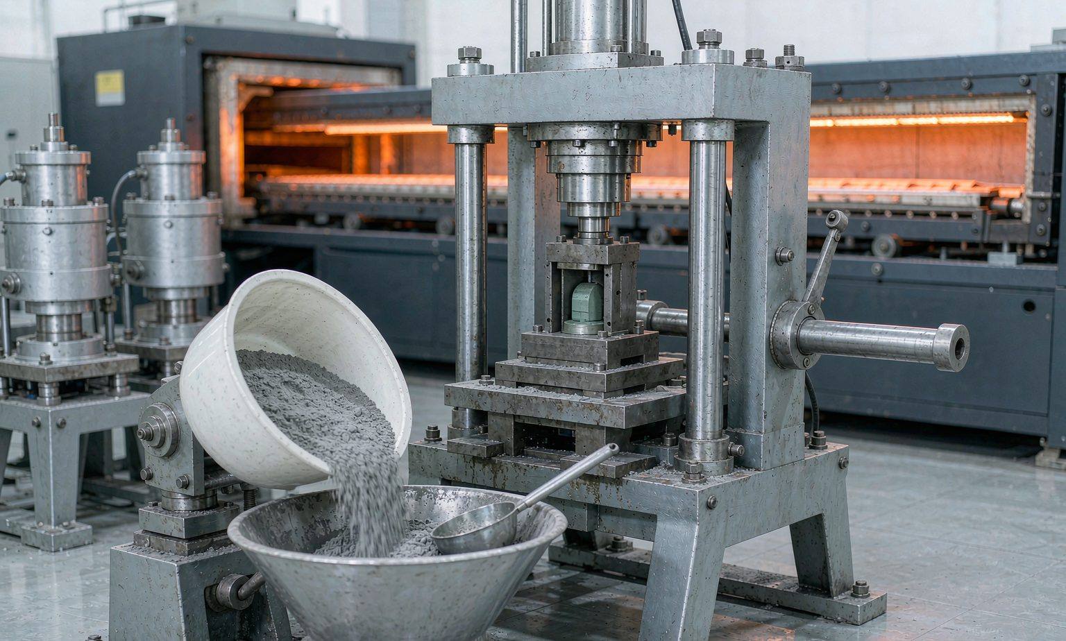 Metal powder being compacted in a die and sintered in a continuous furnace.